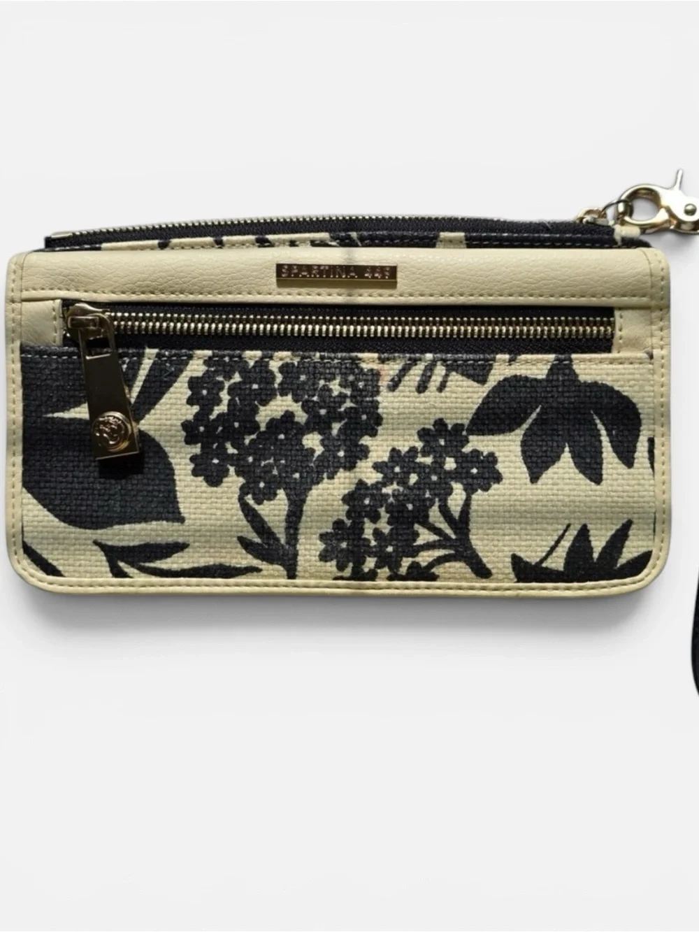 Spartina 449 Floral Wristlet Wallet Black Cream Linen Leather Turquoise Interior